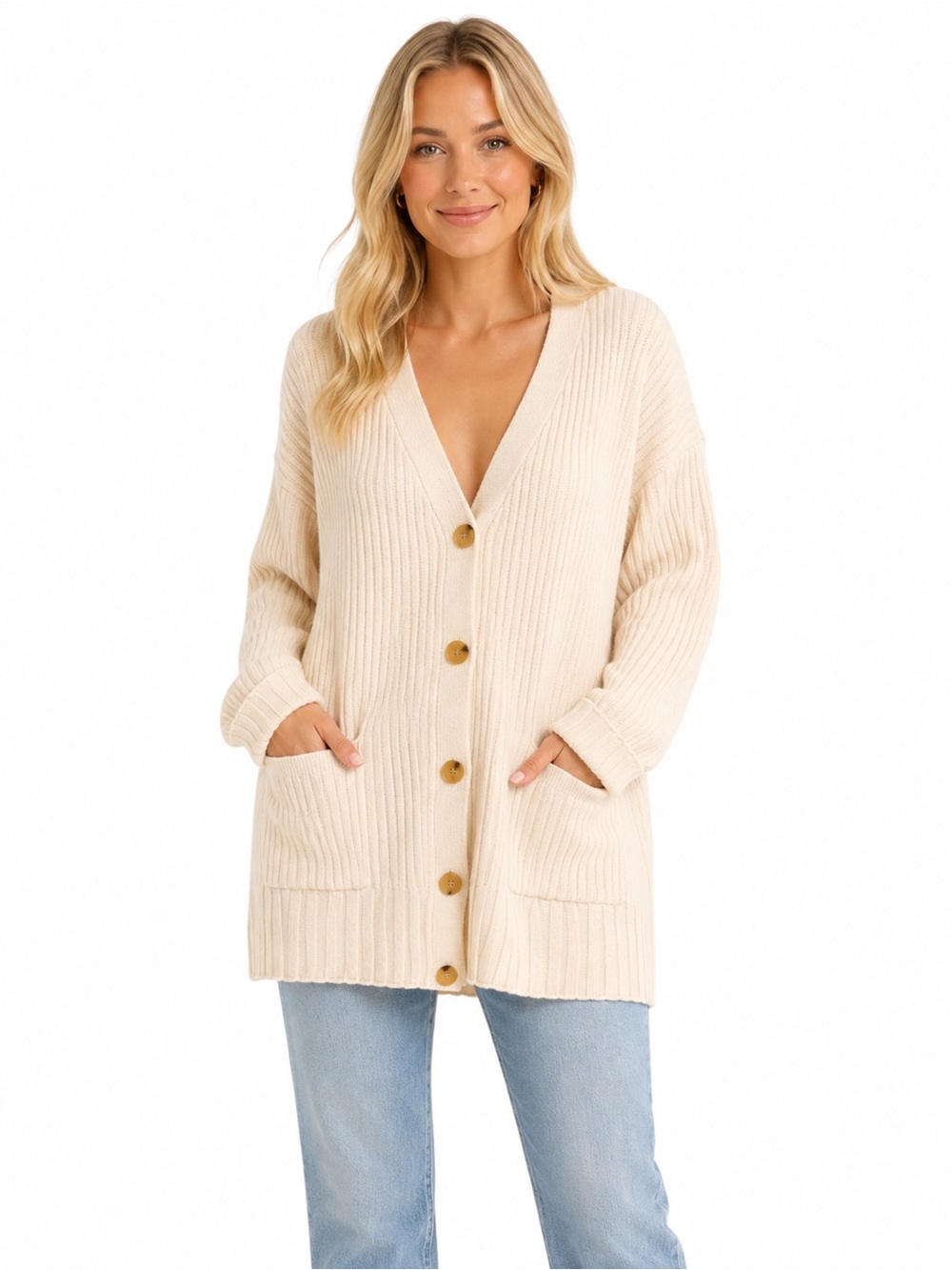 Calia Size Large Women's Cream Ribbed Button-Front Cardigan Sweater
